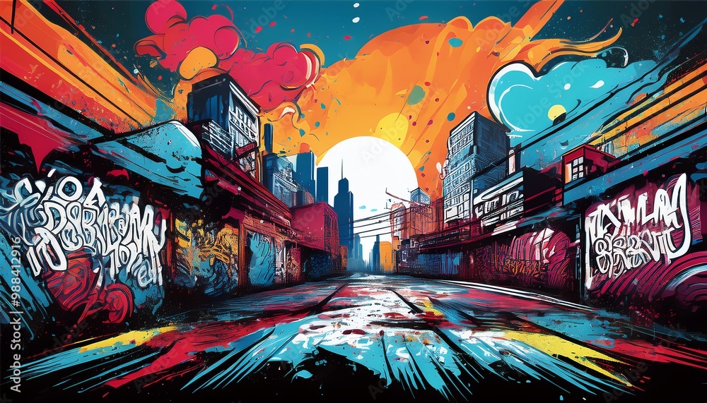 Obraz premium A vibrant urban landscape featuring graffiti art, colorful skies, and a stylized cityscape, creating a dynamic street art atmosphere.