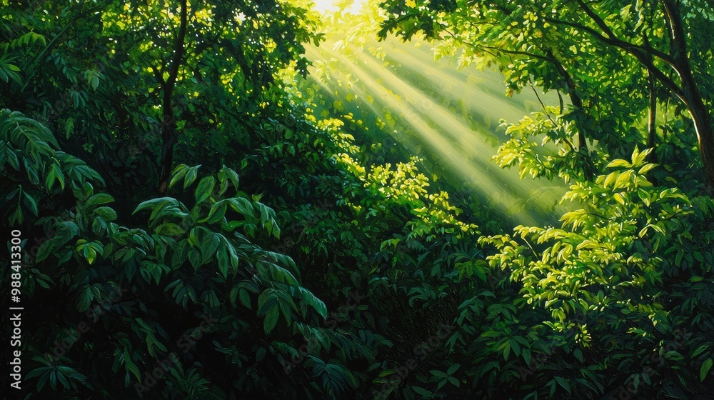 Obraz premium A hyper-realistic painting of a lush forest at dawn, with sunlight filtering through the canopy and casting ethereal shadows