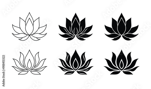 Lotus flower silhouette logo. Set black lotus symbol isolated on white background. Lotus vector icon, sign yoga and meditation for spa salon
