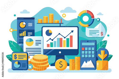 A vibrant display of customizable financial data featuring charts, graphs, calculators, and stacks of coins, set in a modern digital workspace.
