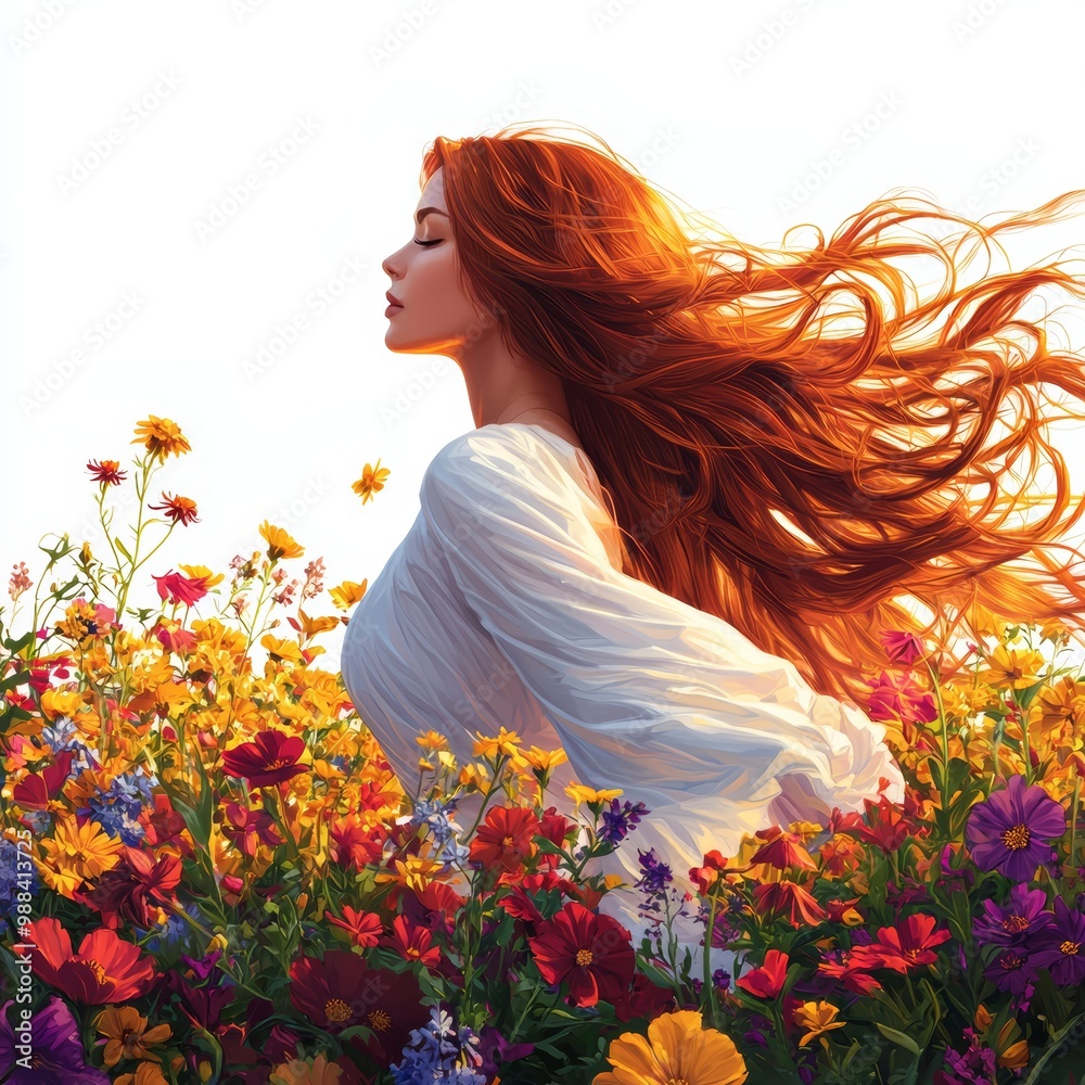Naklejka premium A hyperrealistic portrait of a young woman with long hair, wearing a flowing dress, standing in a field of flowers