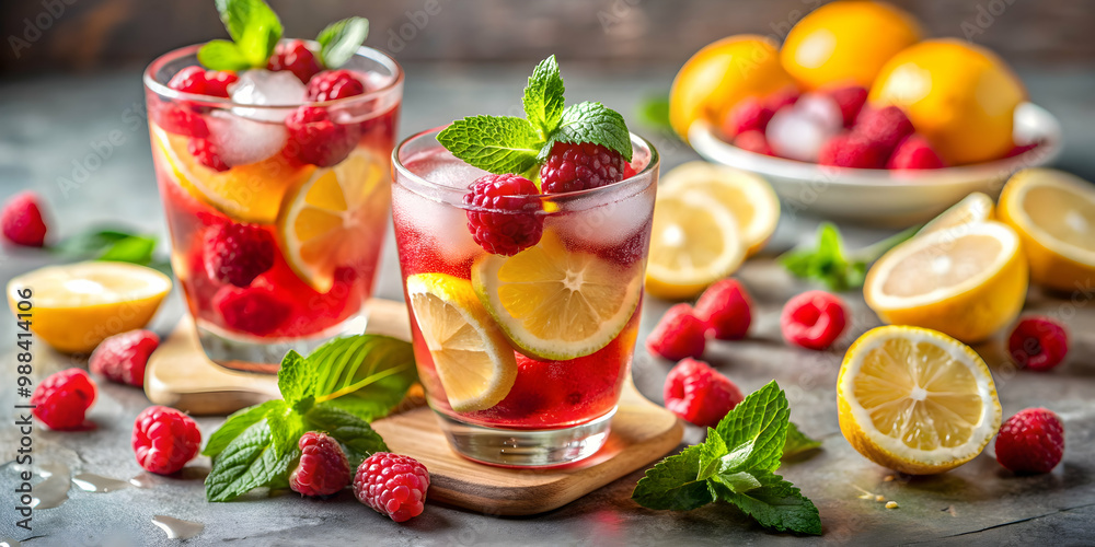 Refreshing spring or summer cold cocktail, raspberry lemonade with fresh raspberries and lemon slices , cocktail, drink Refreshing spring or summer cold cocktail, raspberry lemonade with fresh raspberries and lemon slices , cocktail, drink