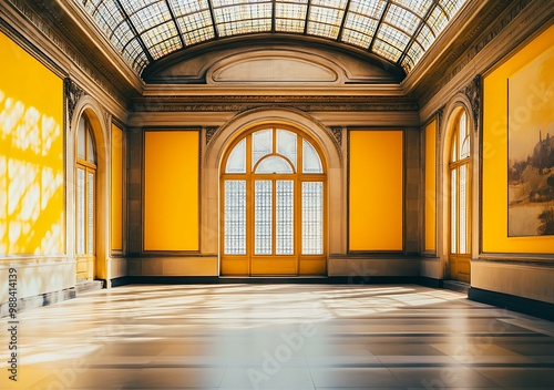 Large Yellow Room With Arched Windows and Stained Glass Ceiling
