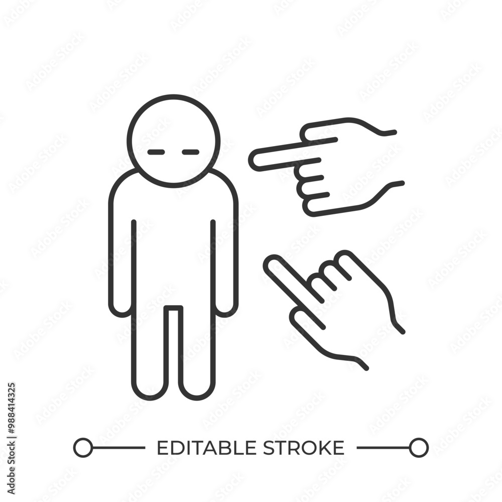 Bullying linear icon. Judgment and social pressure. Pointing fingers at person. Emotional abuse. Public shaming. Thin line illustration. Contour symbol. Vector outline drawing. Editable stroke Bullying linear icon. Judgment and social pressure. Pointing fingers at person. Emotional abuse. Public shaming. Thin line illustration. Contour symbol. Vector outline drawing. Editable stroke