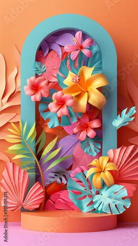 Tropical Floral Background with Arch and Platform