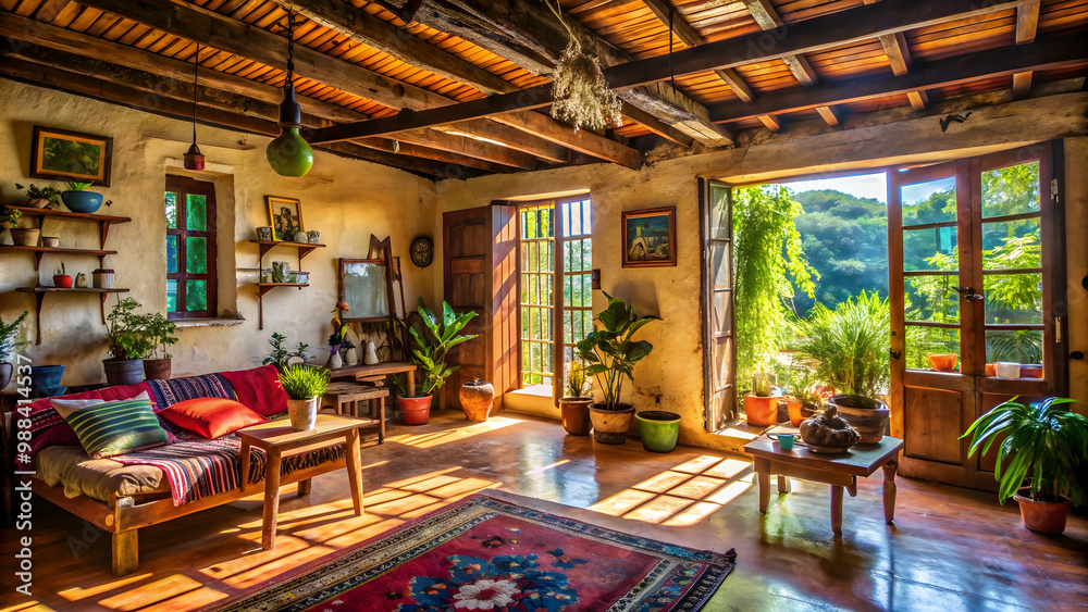 Authentic, yet messy Latin American or Caribbean style room filled with natural light, authentic, messy, Latin American Authentic, yet messy Latin American or Caribbean style room filled with natural light, authentic, messy, Latin American