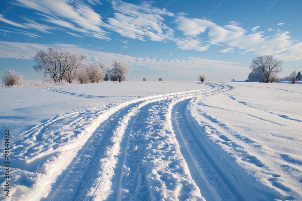 Snow Tracks. Winter Landscape with Skiing Tracks in Snow under Blue Sky Snow Tracks. Winter Landscape with Skiing Tracks in Snow under Blue Sky