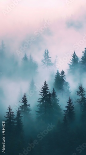 Misty Forest With Pine Trees