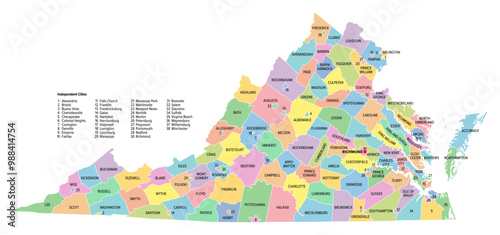 Virginia, U.S. state, subdivided into 95 counties and 38 independent cities, colored political map with capital Richmond, and county names. State in the Southeastern and Mid-Atlantic regions of USA. photo