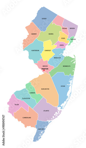 New Jersey, U.S. state, subdivided into 21 counties, multi colored political map with capital Trenton, borders and county names. State in the Mid-Atlantic and Northeastern region of the United States.