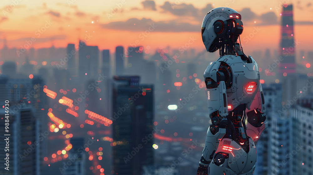 Artificial intelligence, robot thinking about world, looking at the city. Futuristic concept Artificial intelligence, robot thinking about world, looking at the city. Futuristic concept