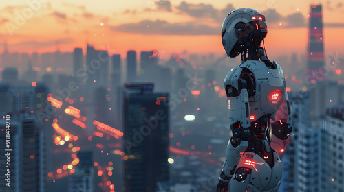 Artificial intelligence, robot thinking about world, looking at the city. Futuristic concept