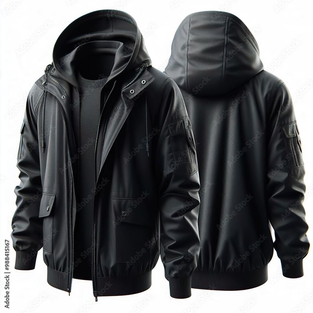 black raincoat, front and back view, isolated image, realistic style black raincoat, front and back view, isolated image, realistic style