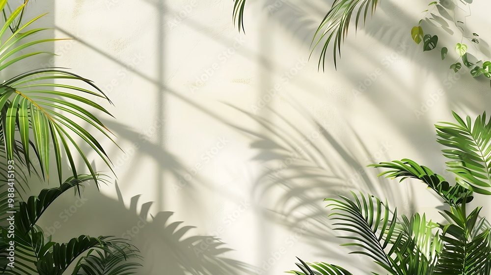 Naklejka premium Tropical Leaf Shadow On White Wall Background