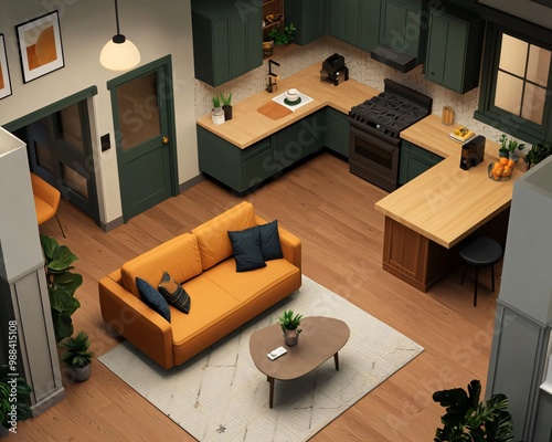 Stylish modern kitchen and living area with an inviting orange sofa, elegant decor, and natural light for a warm atmosphere. photo