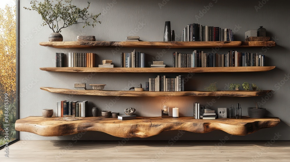 Wooden shelves displaying books and decorative items in a modern space. Wooden shelves displaying books and decorative items in a modern space.