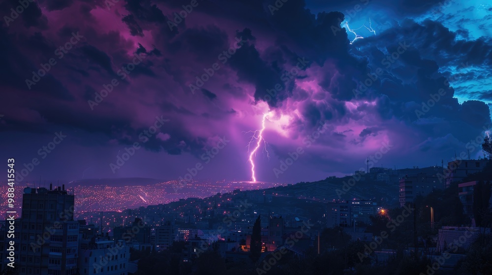 Storm And Lightning. Beautiful Lightning Bolt in Bright Blue Sky over City Storm And Lightning. Beautiful Lightning Bolt in Bright Blue Sky over City