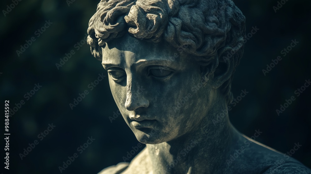 A close-up view of a classical sculpture depicting a young man, showcasing intricate details and textures against a dark background A close-up view of a classical sculpture depicting a young man, showcasing intricate details and textures against a dark background