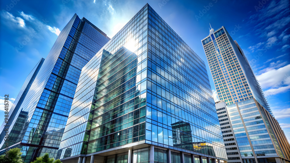 Modern high-rise building with glass facade in urban city setting overlooking clear blue sky, skyline Modern high-rise building with glass facade in urban city setting overlooking clear blue sky, skyline
