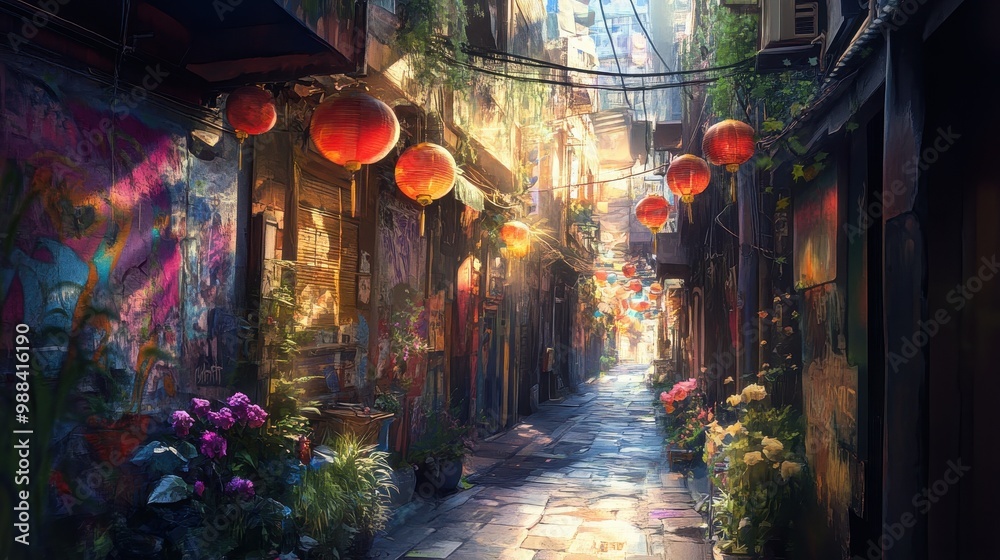 Fototapeta premium Vibrant Alley in Ancient City at Dusk with Lanterns and Flowers
