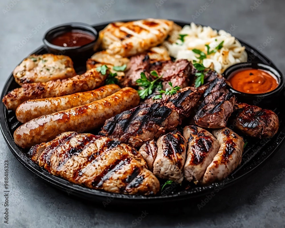 A vibrant platter featuring assorted grilled meats, showcasing juicy sausages, tender steaks, and flavorful chicken. A vibrant platter featuring assorted grilled meats, showcasing juicy sausages, tender steaks, and flavorful chicken.