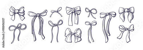 Bow doodle collection. Vector ribbon for gift box