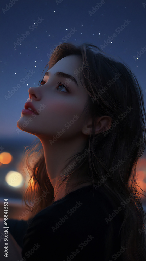 Woman Gazing at the Stars from a Rooftop Woman Gazing at the Stars from a Rooftop