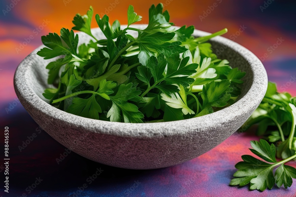 Vibrant Background Showcasing Crisp Parsley Leaves in Unique Stone Bowl Vibrant Background Showcasing Crisp Parsley Leaves in Unique Stone Bowl