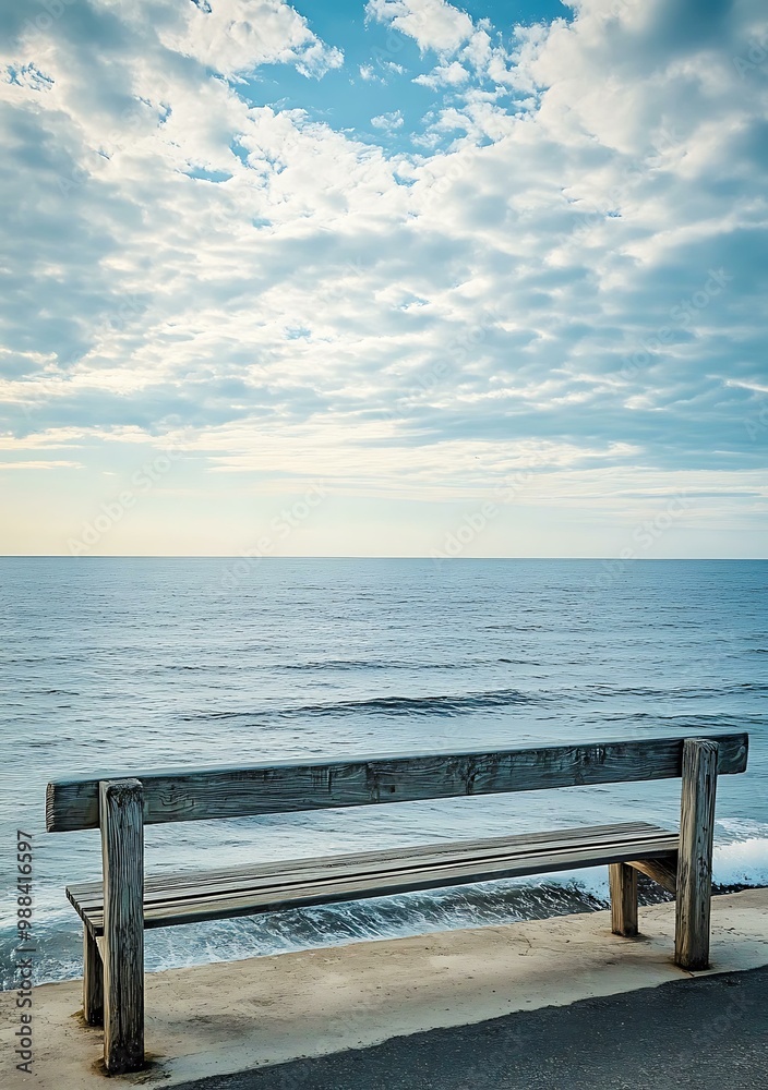 Wooden Bench Overlooking the Ocean with a Cloudy Sky Wooden Bench Overlooking the Ocean with a Cloudy Sky