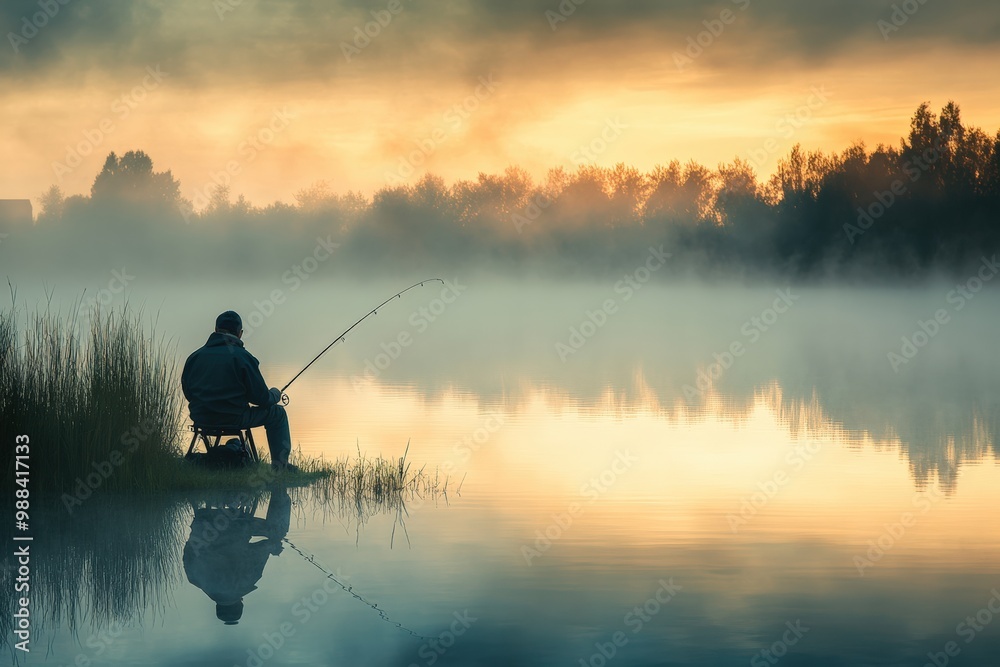 A fisherman sitting by a still pond at dawn, his fishing rod resting on a stand, waiting calmly as the mist rises off the water A fisherman sitting by a still pond at dawn, his fishing rod resting on a stand, waiting calmly as the mist rises off the water