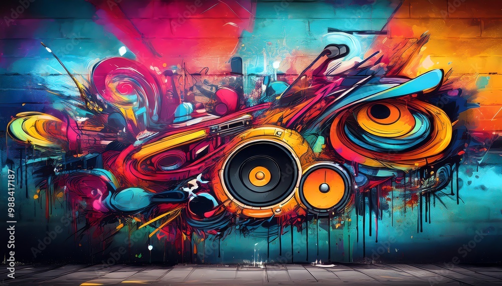 Obraz premium A vibrant graffiti mural featuring colorful musical elements, including turntables and abstract shapes, set against a bold, teal background.