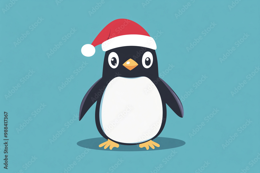 Fototapeta premium A playful penguin wearing a Santa hat. Character design. Flat cartoon.