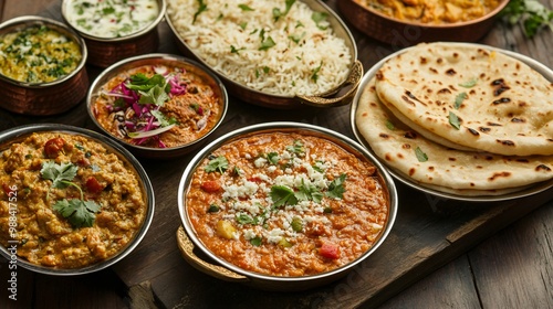 Indian cuisine food several bowls of curry dishes, rice and naan bread, on dark wood surface.