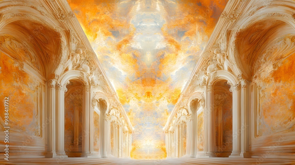 Obraz premium Golden Sky Above Hallway With White Columns