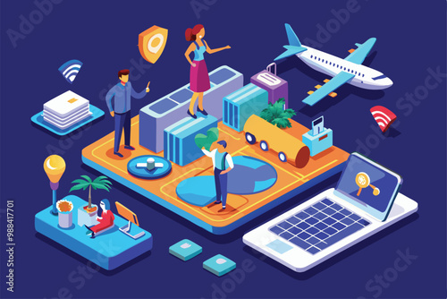 Travelers customize their flight bookings in an engaging isometric illustration showcasing various travel tools and locations.