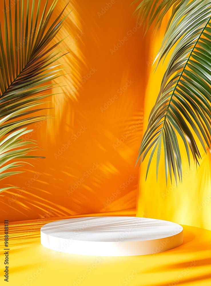 Palm Leaf Shadows on Yellow Background with White Platform Palm Leaf Shadows on Yellow Background with White Platform