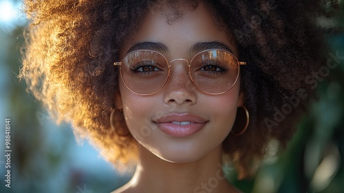 portrait of young happy multiracial teenage girl with sunglasses, afro hairstyle standing outdoor