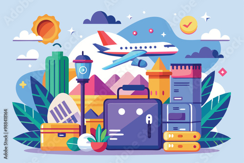 A colorful illustration showcasing travel items and an airplane flying amidst mountains and plants, representing the journey of booking a flight.