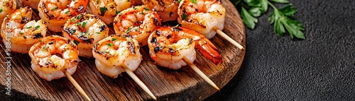 Deliciously grilled shrimp skewers served on a wooden platter, garnished with herbs for a mouthwatering seafood delight. photo