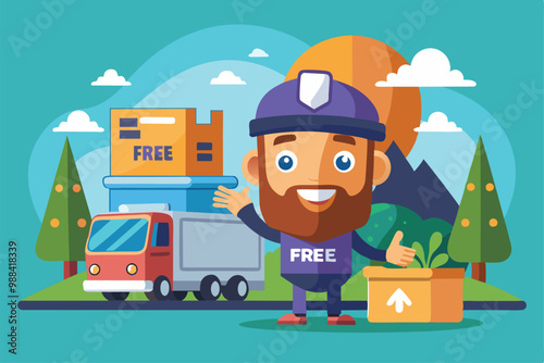 A cheerful delivery person presents free shipping services amidst mountains, trees, and a friendly delivery truck with colorful packages.