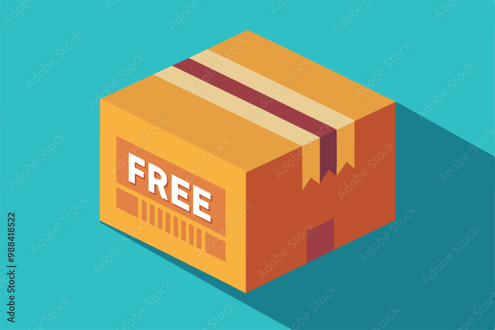 Obraz premium A flat illustration features a brown box with a bold FREE label, emphasizing free shipping with a vibrant background.