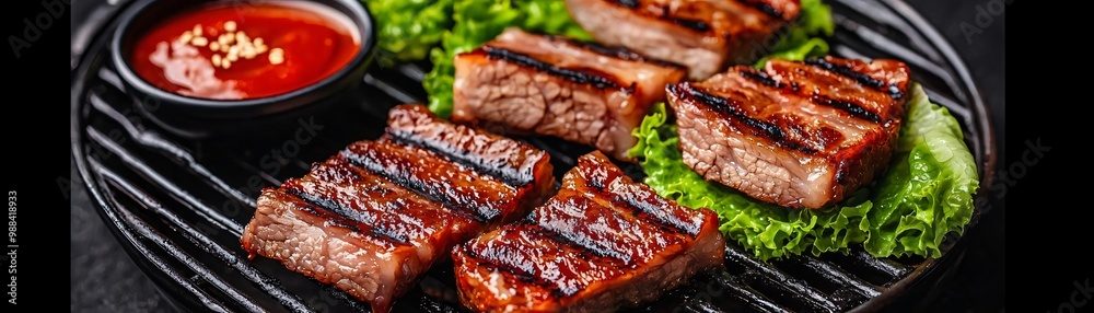 Grilled meat served on a black plate with lettuce and spicy sauce, showcasing delicious barbecue perfection for food lovers. Grilled meat served on a black plate with lettuce and spicy sauce, showcasing delicious barbecue perfection for food lovers.