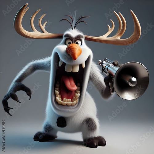 Animated character 3D image of massive angry olaf like character with huge mouth  and sharp teeth created by generative ai