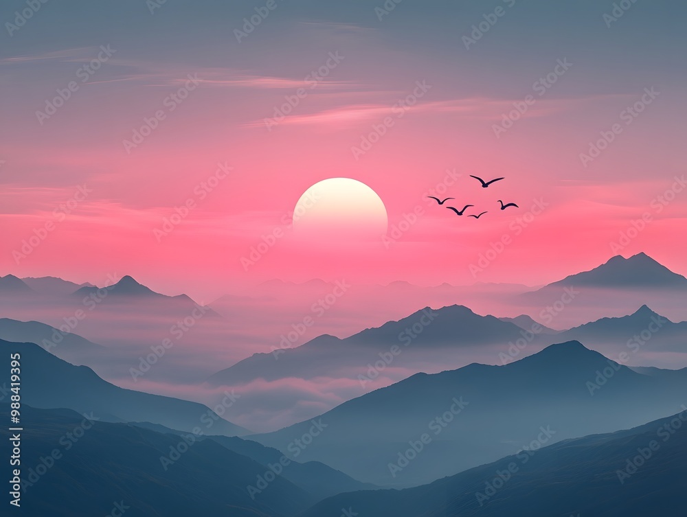 Fototapeta premium pink sun setting behind mountains, birds flying in the sky