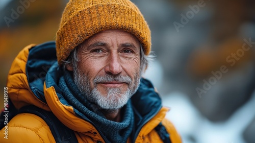 potrait of active senior man hiking in autumn mountains