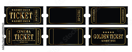 Vintage black and gold ticket stock vector sketch, Retro ticket concert and festival event, movie theater coupon. Isolated on white. Set of gold tickets.