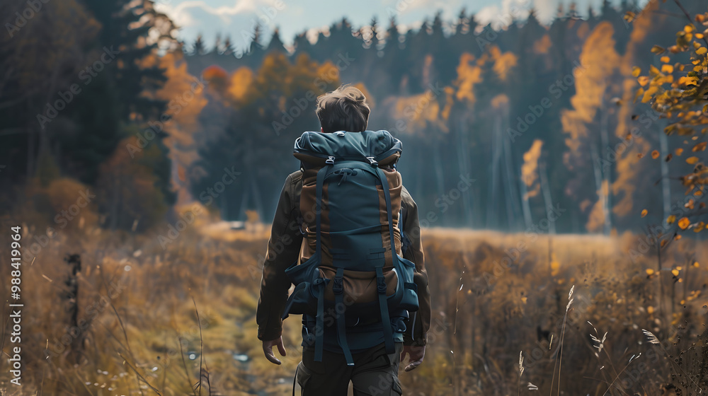 Caucasian male hiker walking through wilderness embracing nature walking with backpack Caucasian male hiker walking through wilderness embracing nature walking with backpack