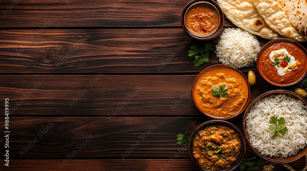 Indian cuisine with curry, rice, naan bread, and cilantro on wooden background. Indian cuisine with curry, rice, naan bread, and cilantro on wooden background.