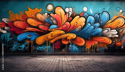 A vibrant graffiti mural features swirling patterns in blue, orange, and yellow, showcasing urban art's dynamic nature on a textured wall. photo