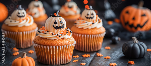 Pumpkin cupcakes decorated with decorative halloween pumpkins. Next to the cupcakes is a black and orange halloween pumpkin.